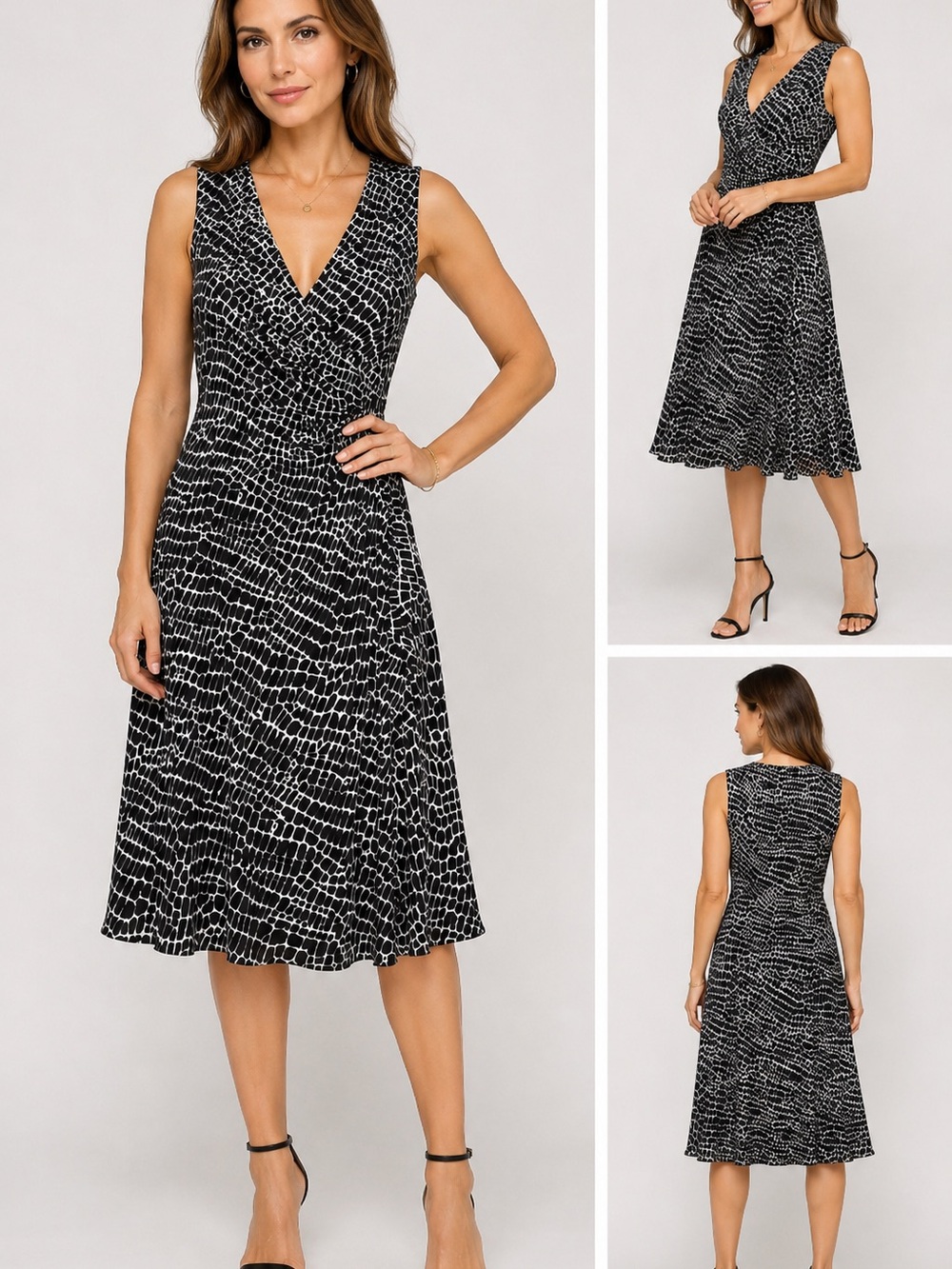 Donna Ricco Black & White V-Neck Patterned Midi Dress